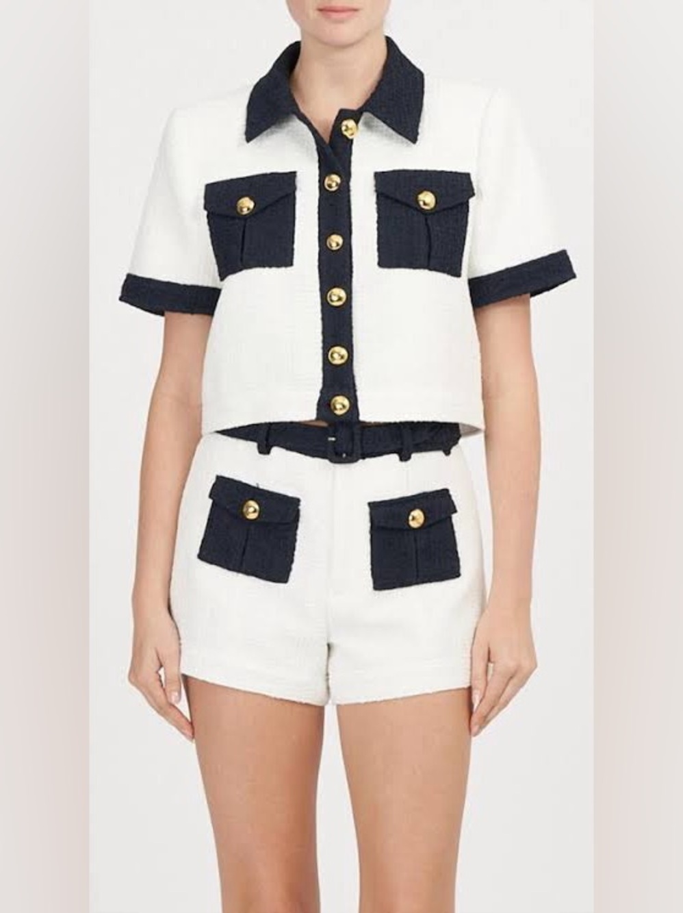 Cinq a sept nissy white navy tweed pocket short sleeved jacket shorts set S 2 4*